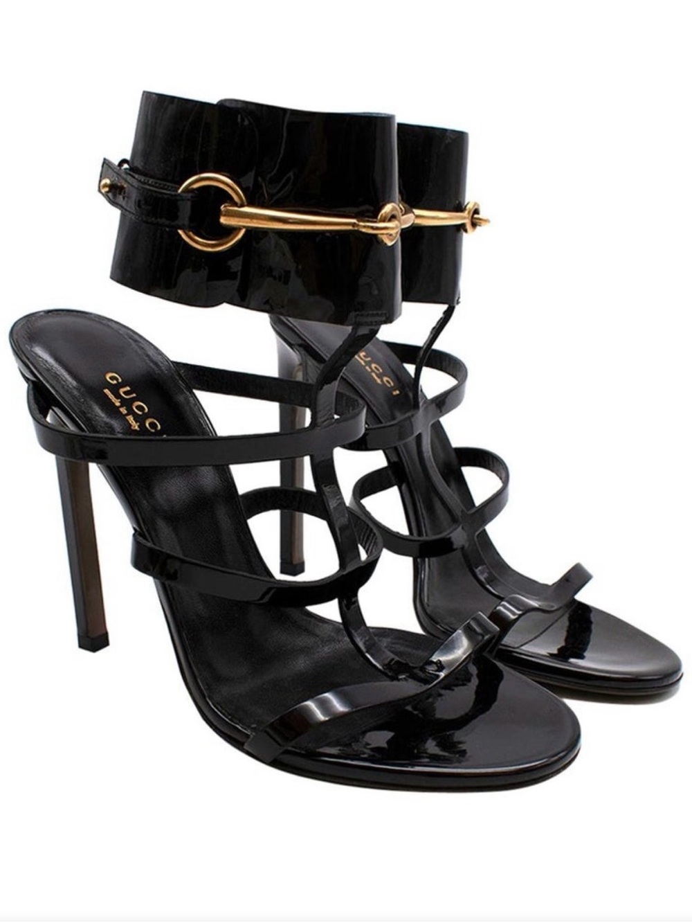Gucci Black Patent Leather Strappy Ankle-Cuff Heels with Gold-Tone Horsebit